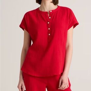 Quince 100% Organic Cotton Gauze Rolled Sleeve Red Button-Up Women's Top